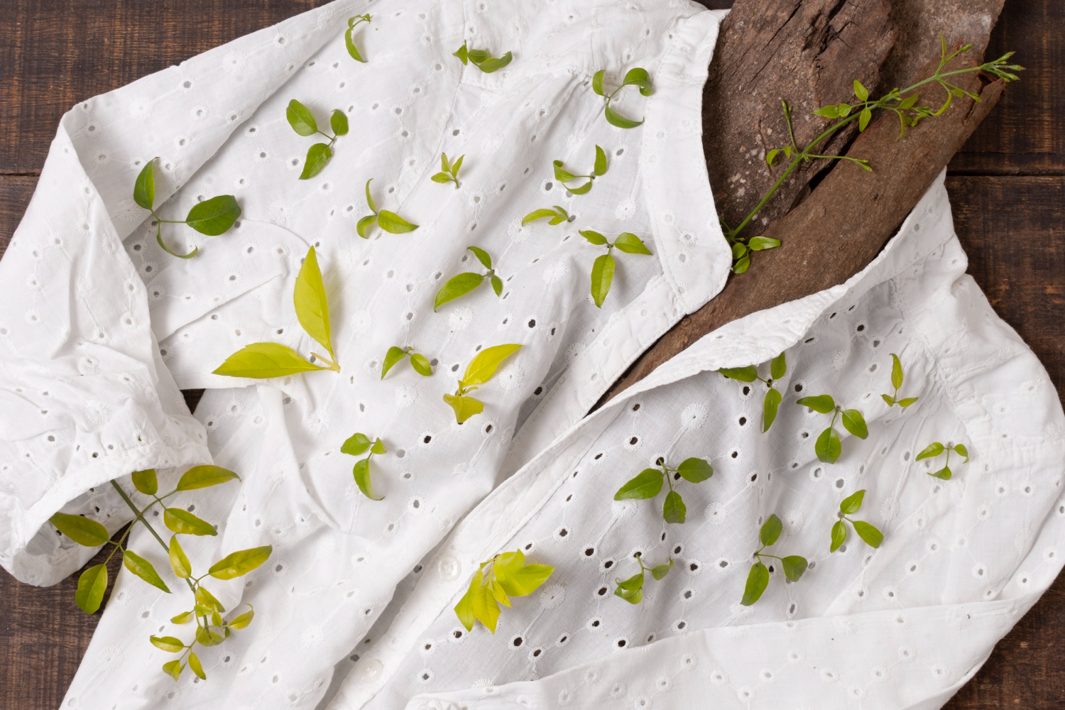 A white, embroidered shirt is adorned with assorted green leaves, resting on a rustic wooden surface.