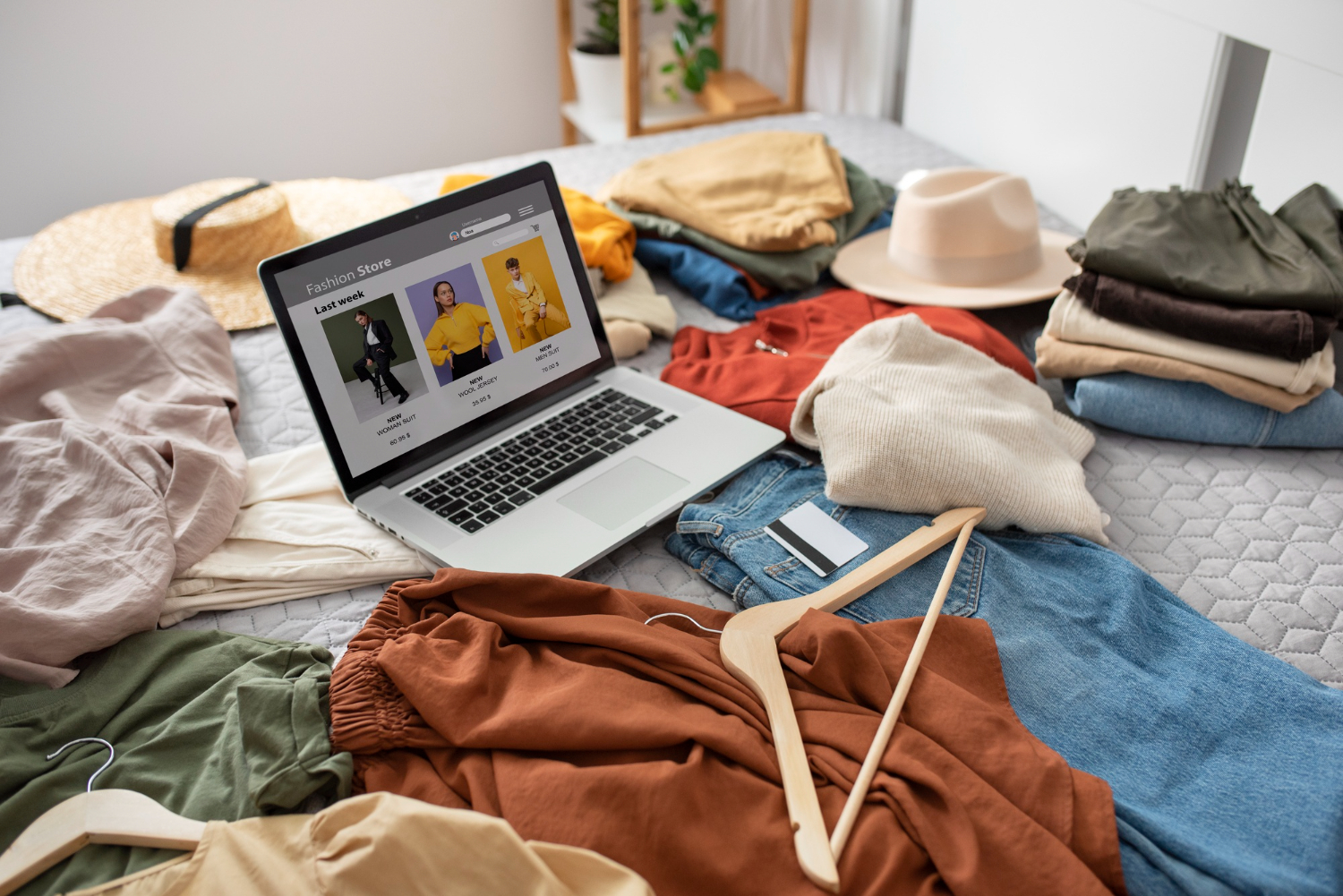 Laptop showing online fashion store with some clothes around it