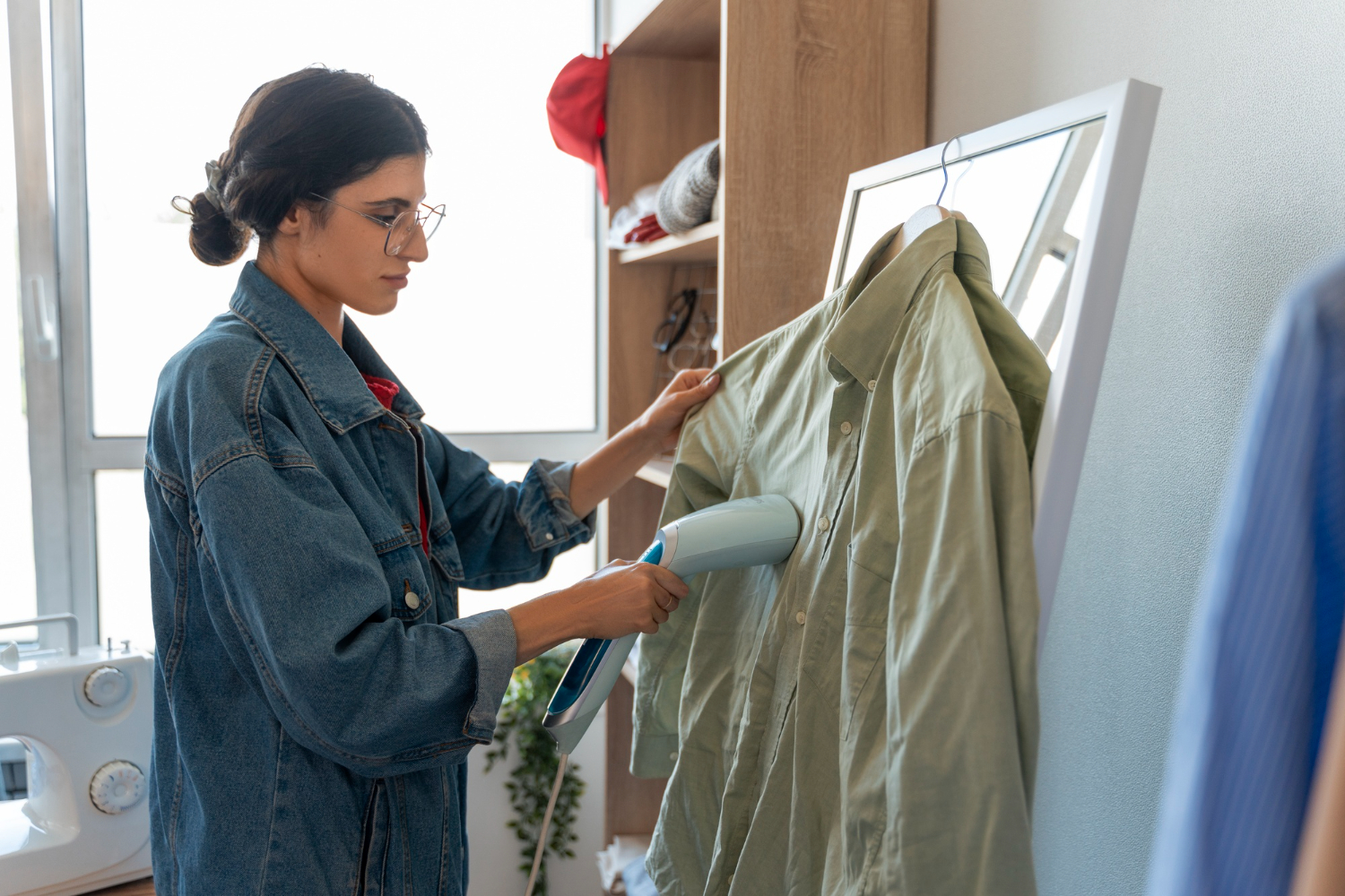 shirt hanging on a hanger and a woman drying it