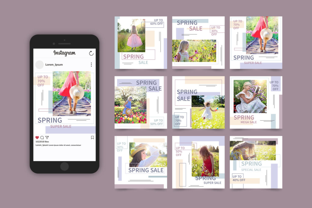 A smartphone displaying an Instagram page featuring vibrant spring sale promotions with colorful floral backgrounds and playful children.