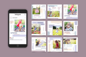 A smartphone displaying an Instagram page featuring vibrant spring sale promotions with colorful floral backgrounds and playful children.