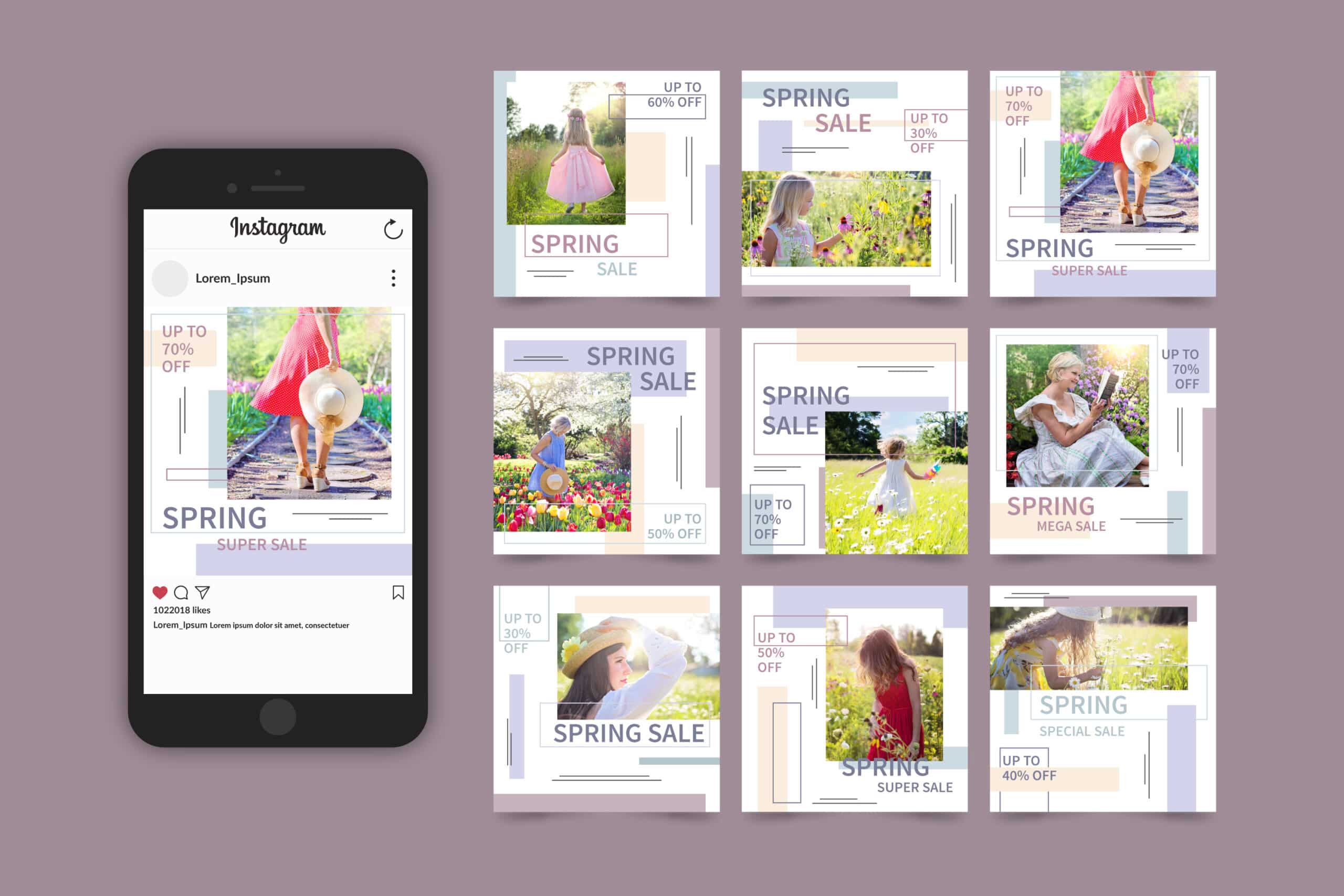 A smartphone displaying an Instagram page featuring vibrant spring sale promotions with colorful floral backgrounds and playful children.