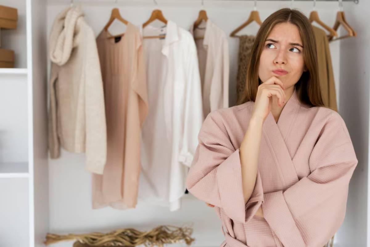 A woman in a pink robe stands thoughtfully in front of a wardrobe filled with various light-colored garments.