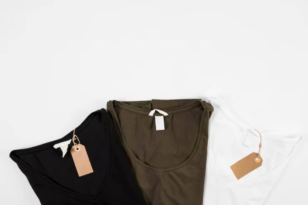 Three tank tops in black, olive green, and white, each with a tag, arranged on a light background.