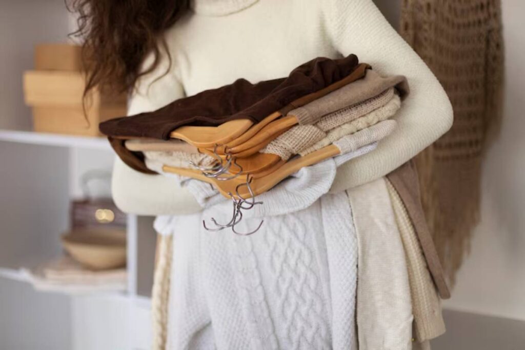 A person in a cream sweater holds a stack of sweaters on wooden hangers, showcasing a variety of neutral colors and textures.