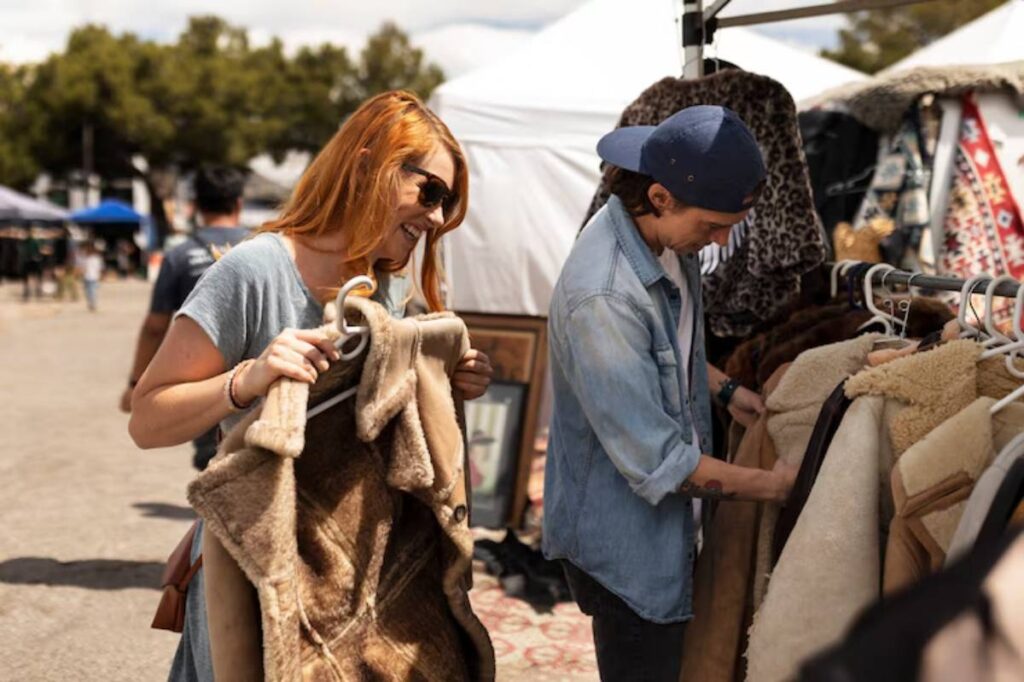 A woman browses vintage fur coats at a bustling outdoor market, while a vendor examines more garments on a rack nearby.