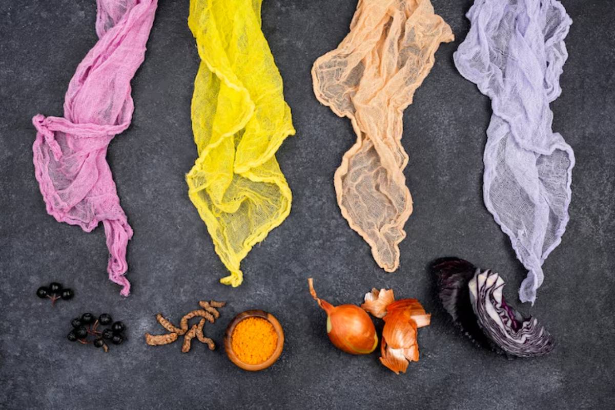 Colorful sheer fabrics in pink, yellow, orange, and purple alongside spices and vegetables on a dark surface, showcasing natural dyes.