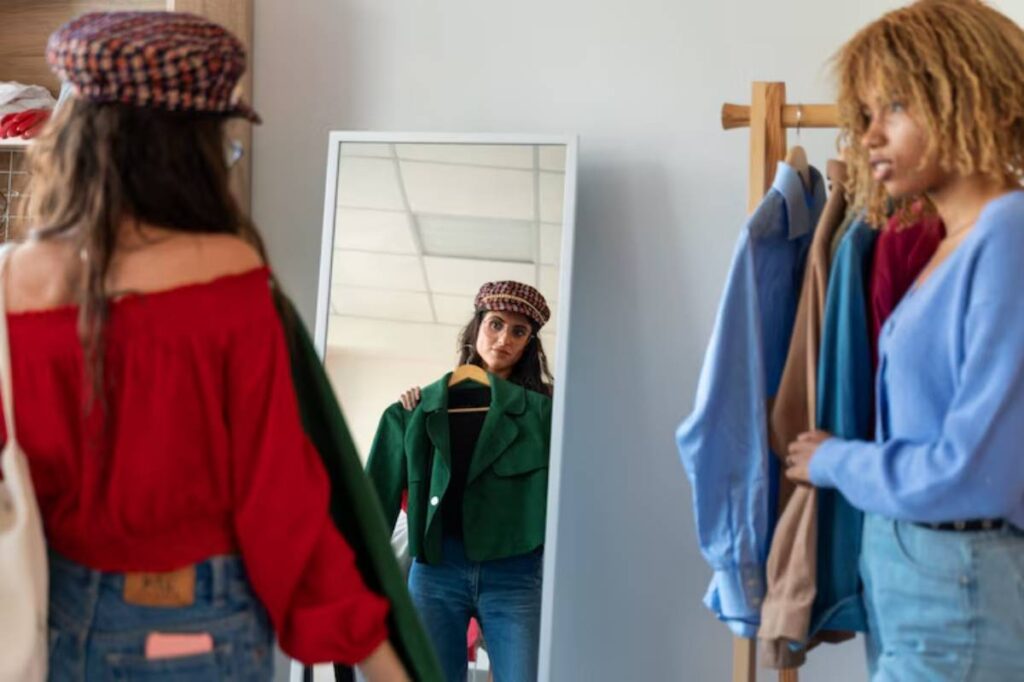 A woman in a red off-shoulder top admires herself in a mirror while holding a green jacket; another woman looks on, wearing blue.
