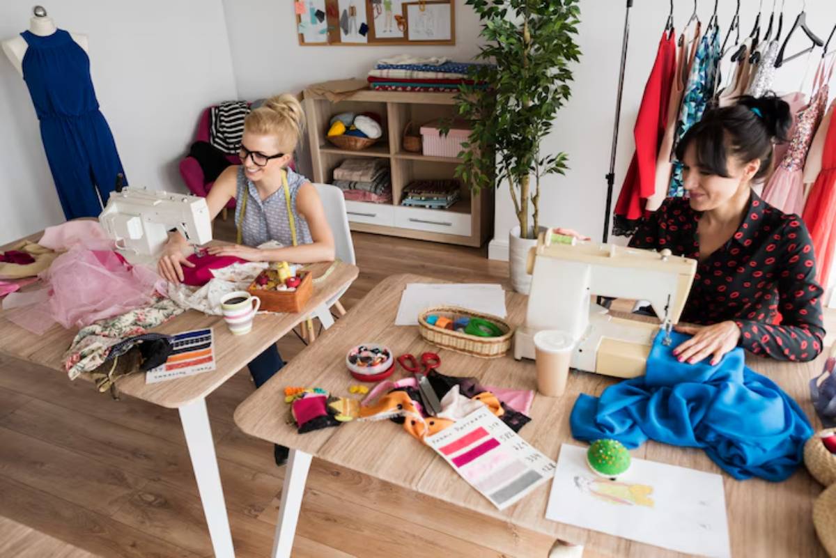 Two women are sewing in a brightly lit studio filled with fabrics, sketches, and a mannequin, showcasing a creative workspace.