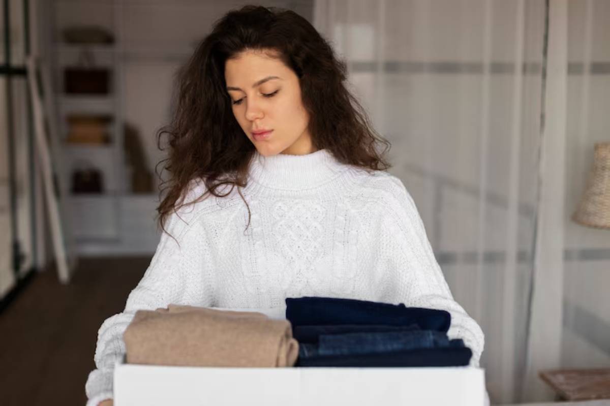 A person in a cozy white sweater stands with a box of neatly folded clothes, including beige and various shades of denim.