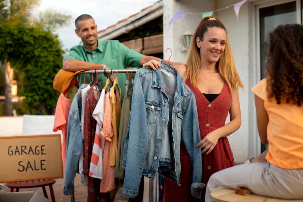 A woman holds a denim jacket in front of a rack of clothing at a garage sale, with a sign reading 