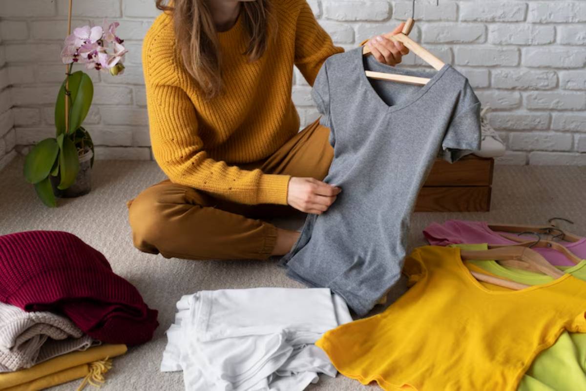 A woman in a yellow sweater sits on the floor, holding a gray T-shirt, surrounded by folded clothes in various colors.
