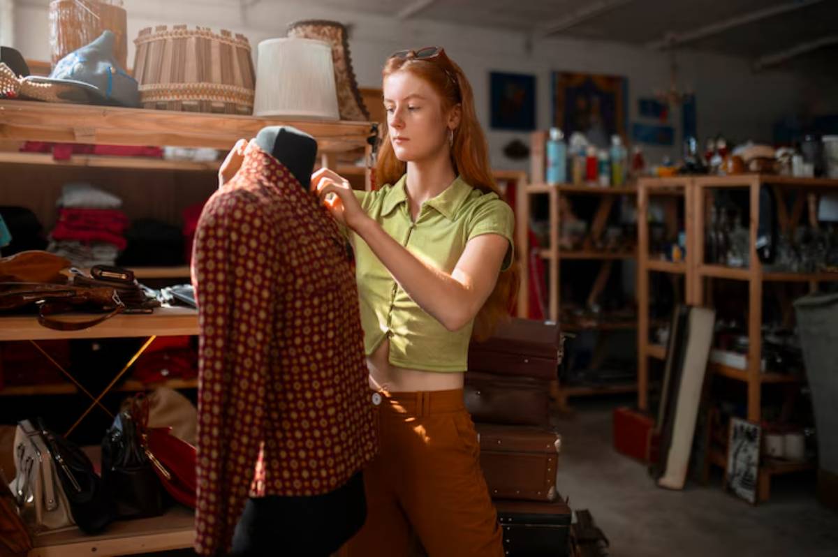 A woman in a green shirt adjusts a patterned jacket on a mannequin in a vintage shop filled with clothes and accessories.