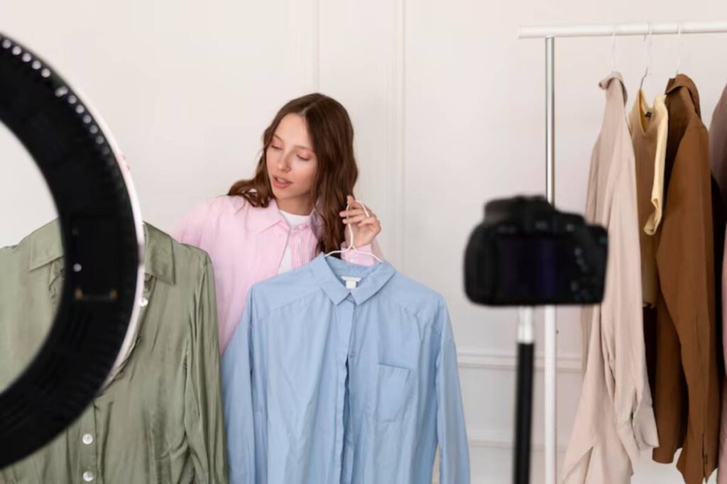 A person holds two shirts in front of a clothing rack, while a camera captures the scene, framed by a ring light.