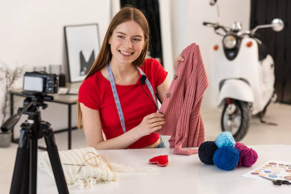 A person dressed in a red shirt holds a pink garment while surrounded by colorful yarn, tools, and a camera in a stylish workspace.