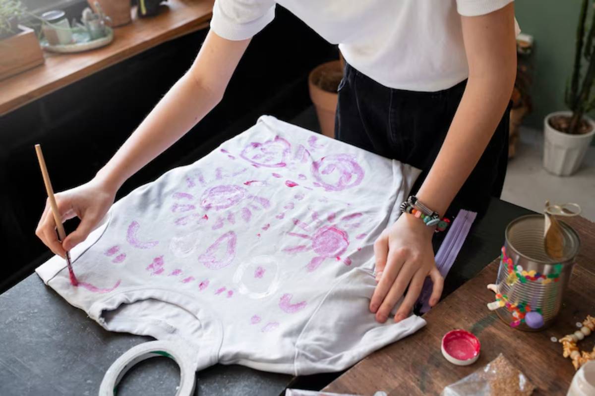 A person painting colorful designs on a white t-shirt, using a brush, on a wooden table surrounded by craft supplies.