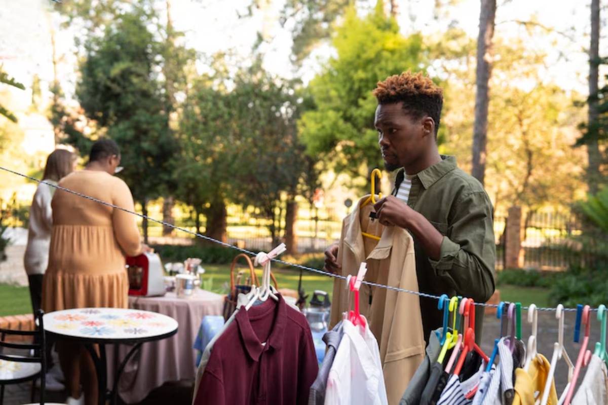 A person holds up a beige jacket while standing near a clothesline filled with various garments, surrounded by greenery and a table setting.