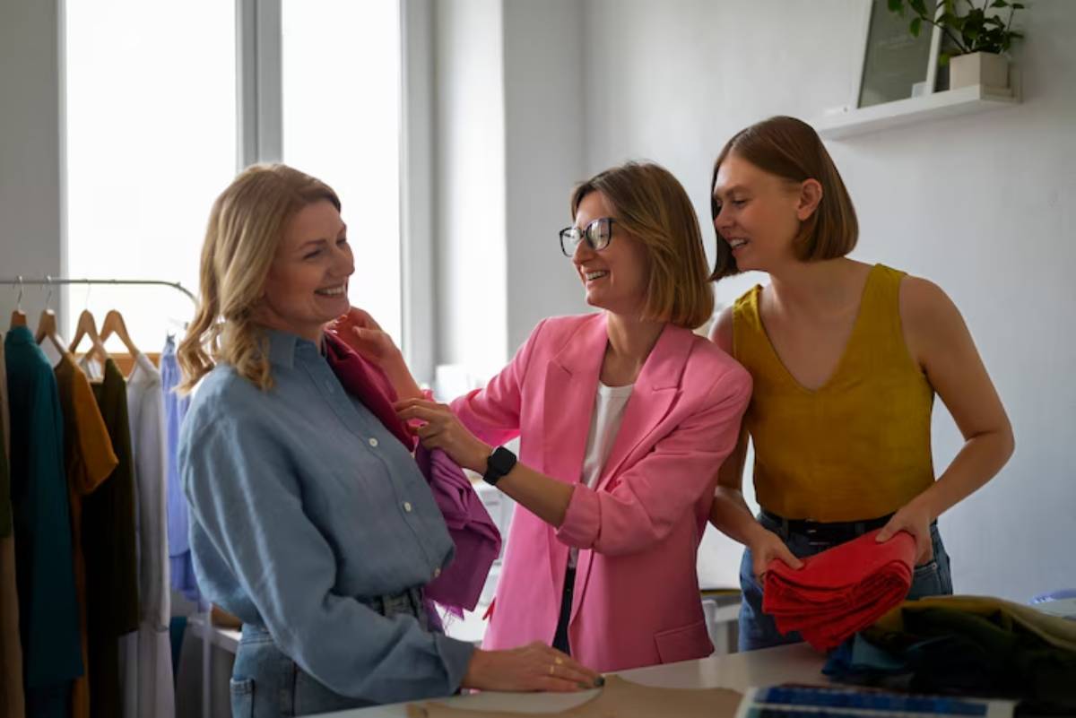 Three women are engaged in a clothing fitting session, discussing outfit choices with colorful fabrics and a bright modern backdrop.