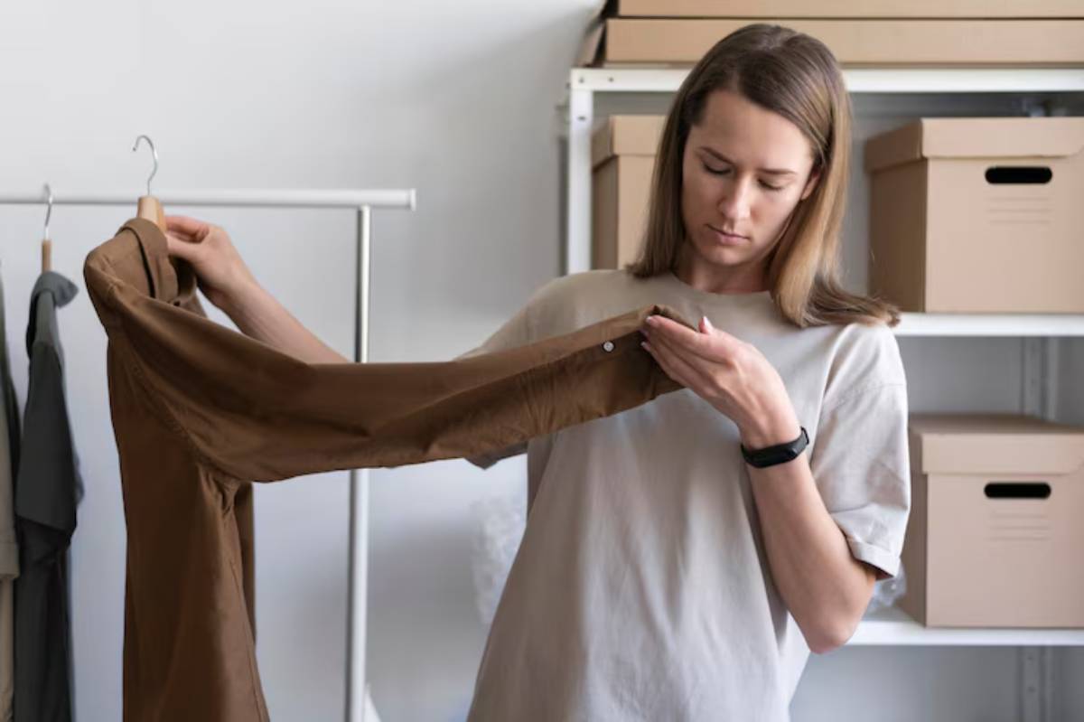 A person holds up a brown shirt sleeve while standing in a room with clothing on hangers and stacked boxes in the background.