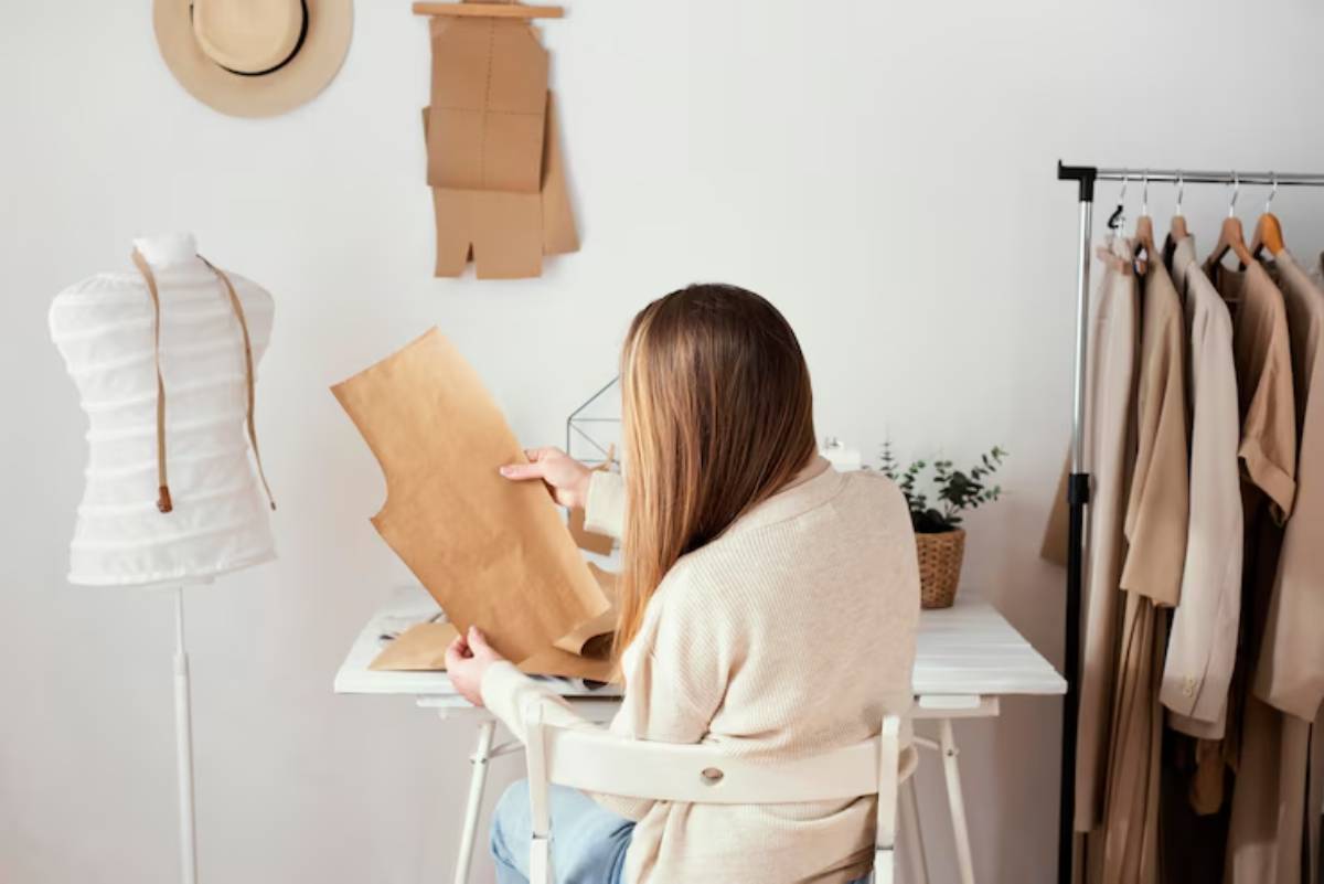 A woman seated at a desk examines a sewing pattern, surrounded by stylish clothing and a dress form in a bright, creative workspace.