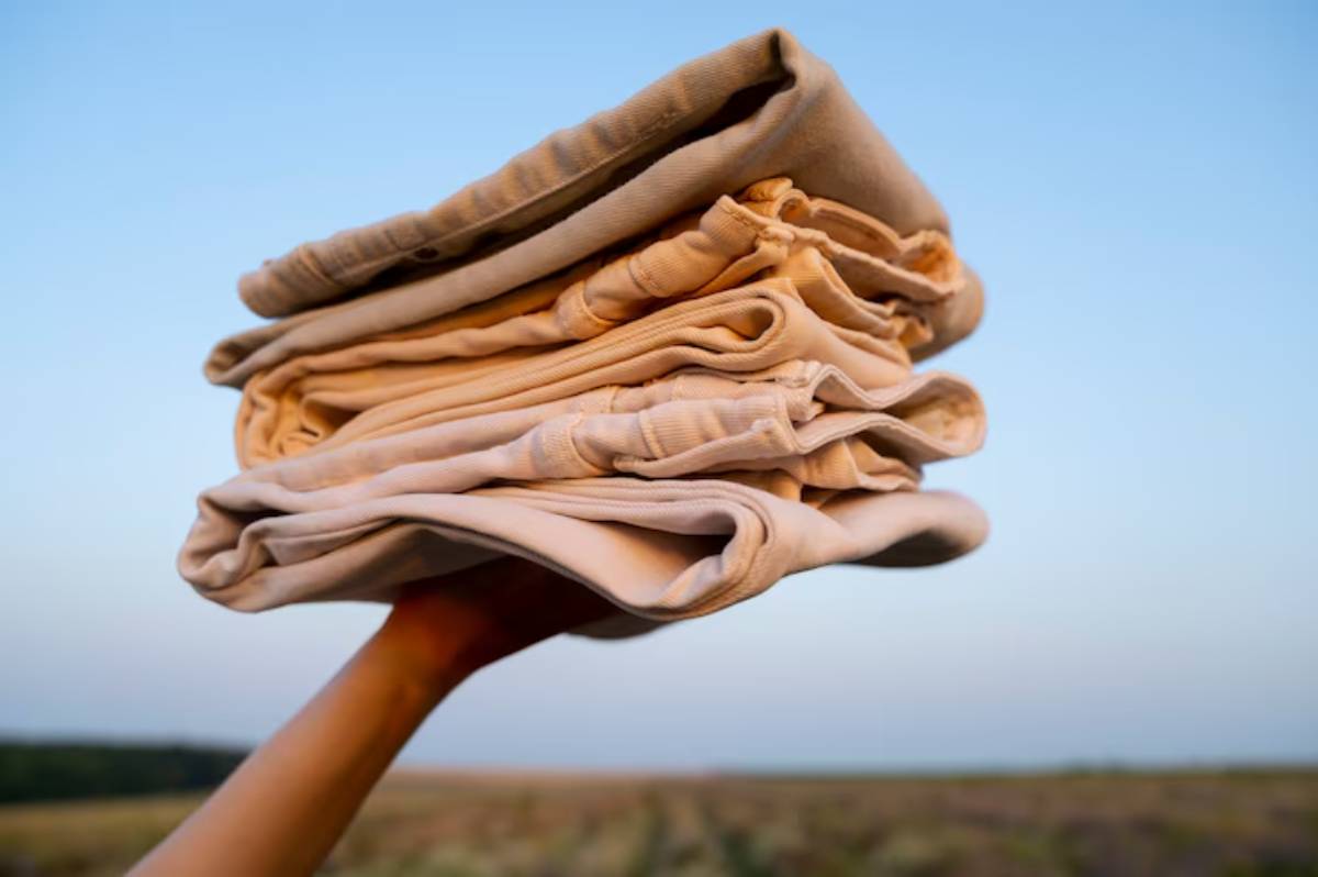 A hand holds a neatly stacked pile of soft beige fabrics against a clear blue sky, suggesting warmth and comfort.