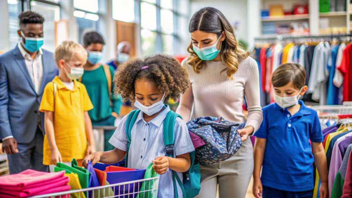 A group of children and adults shopping for clothing in a vibrant store, with colorful bags and apparel filling the shelves.