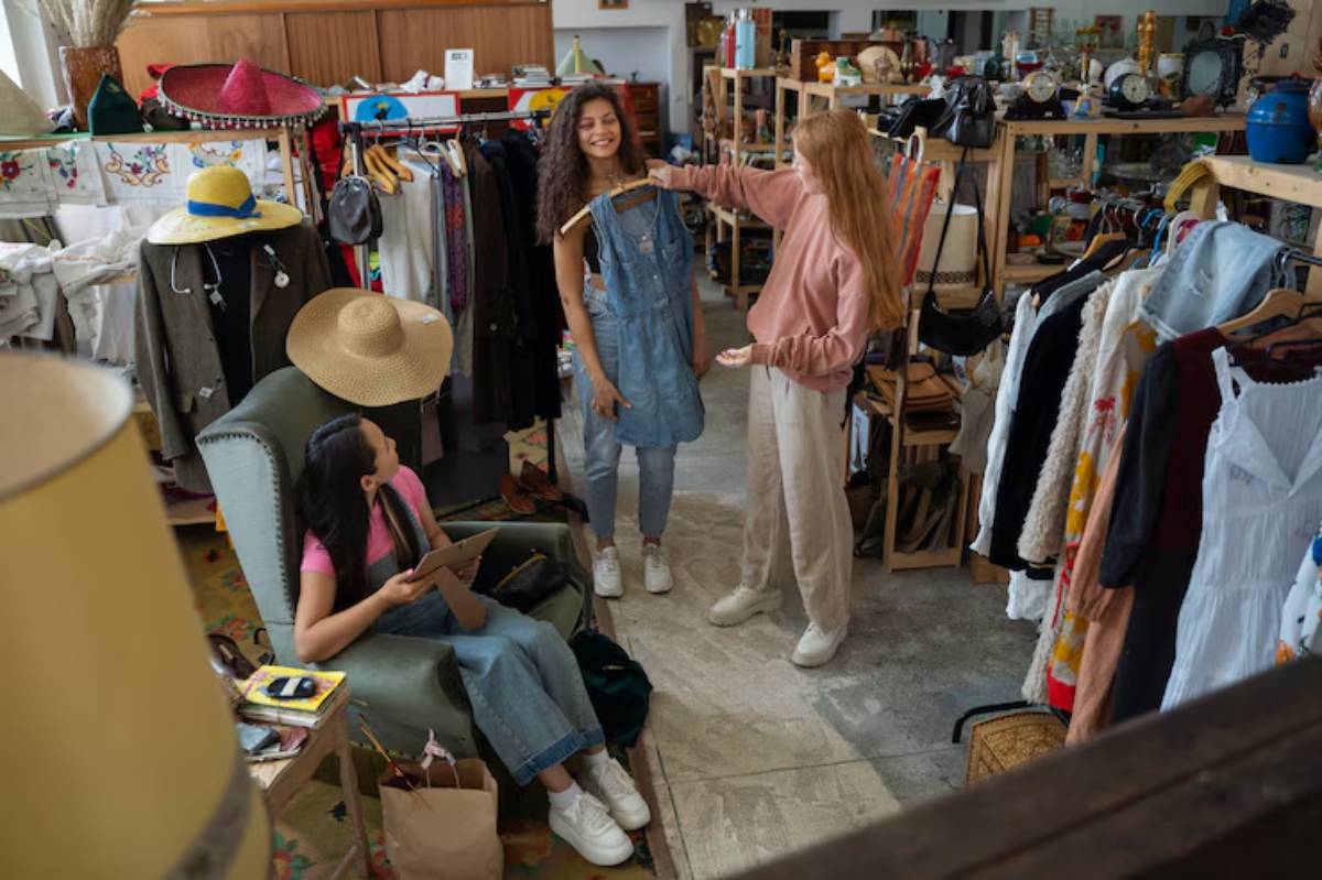 Two women are shopping in a vintage clothing store, exploring outfits while a third woman sits on a green chair with a notepad.