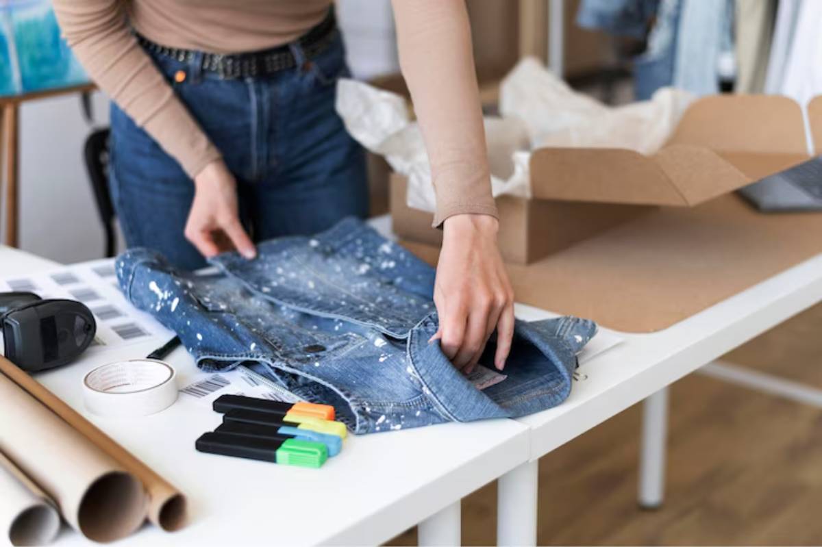 A person folds a denim jacket with paint splatters, preparing it for shipping at a tidy workspace with packing supplies.