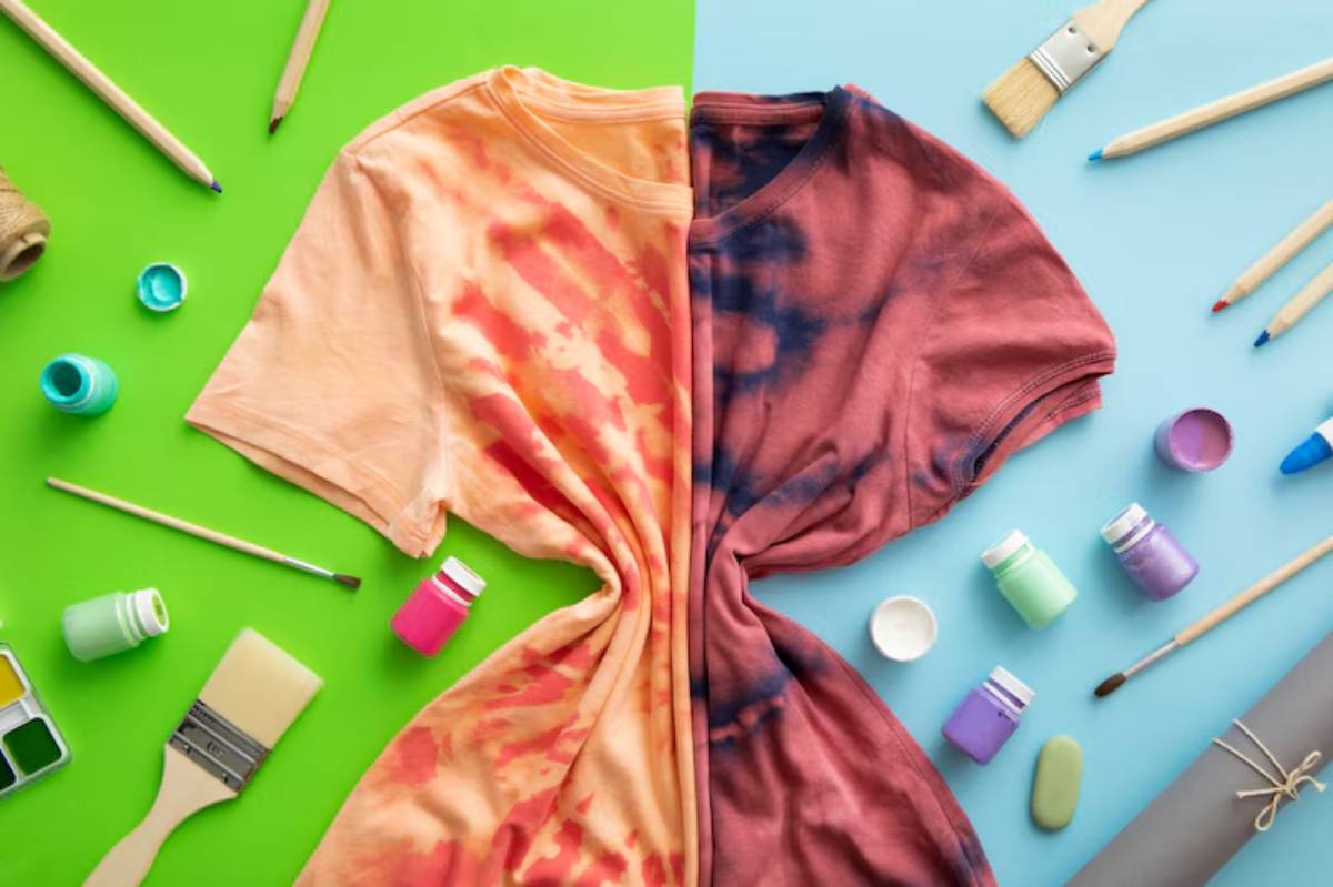 Two tie-dye t-shirts in orange and red, surrounded by paint, brushes, and art supplies on vibrant green and blue backgrounds.