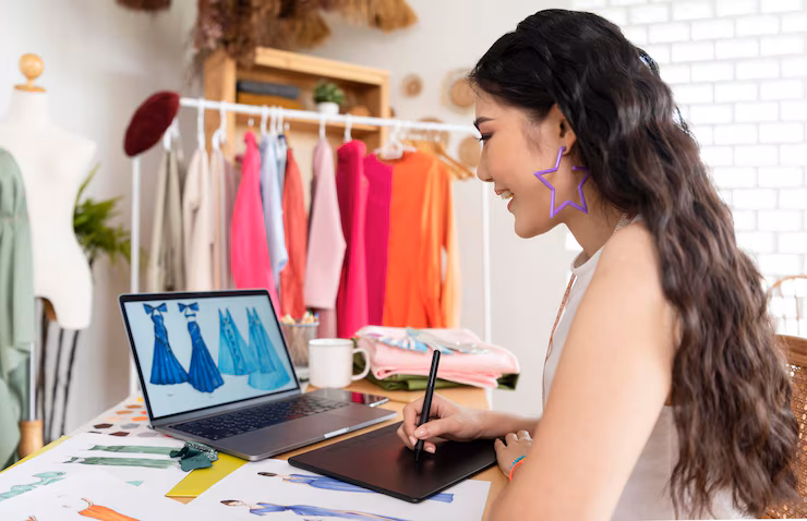 women seeing dresses on laptop sitting on a table