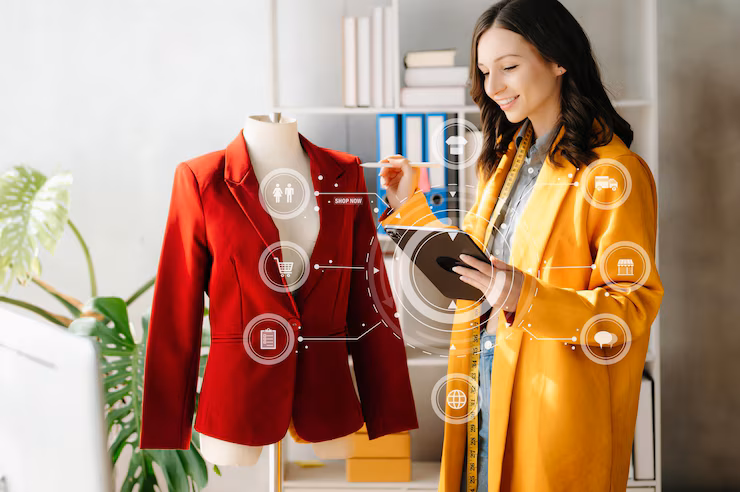 Women holding tab in a hand standing near a dress
